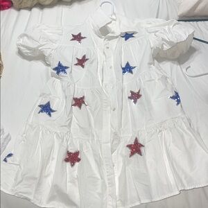 White Boutique Dress with Red and Blue Star Accents